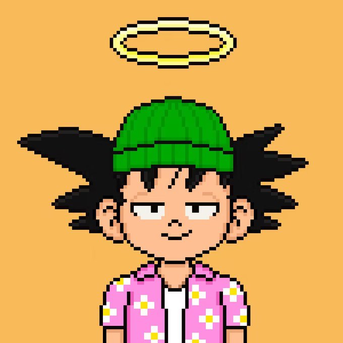 A pixel art illustration of a character with spiky black hair, wearing a green beanie and a pink shirt with white and yellow flowers, with a yellow halo floating above their head against an orange background.