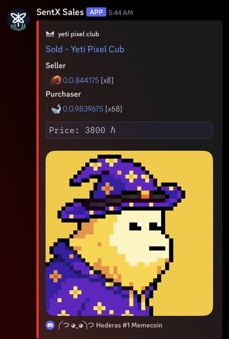 The image shows an email from a Discord server, with a message about a sale for a pixel cube game. The sale has already taken place, as indicated by the text "4 days in and already a 3800 $HBAR sale for @YetiPixelClub!". The email also mentions that the sale is open to everyone, including those who have already purchased the game. The post includes a link to the pixel cube game on yeti-pixer.com, which can be accessed by clicking on the provided link.