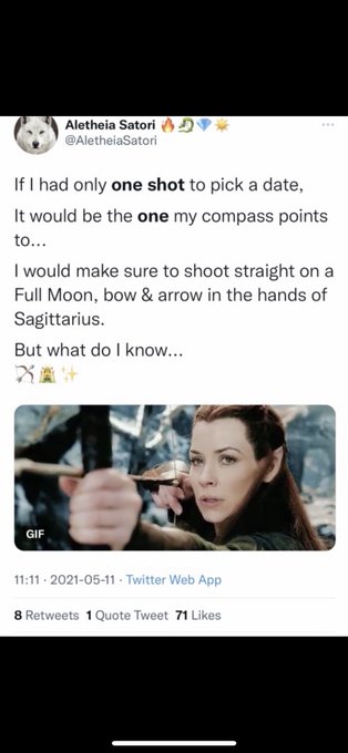 A tweet from Aletheia Satori (@AletheiaSatori) discussing Sagittarius and a Full Moon, featuring a GIF of a female archer.