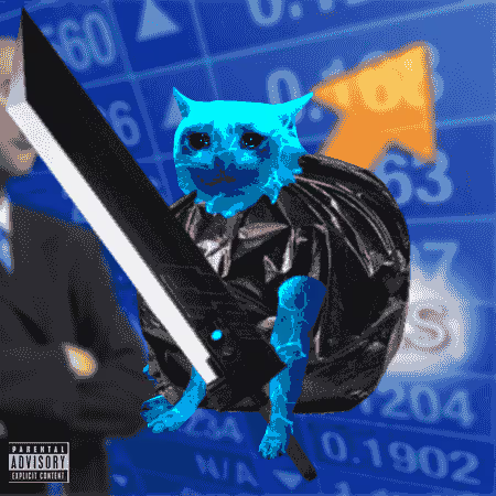 A surreal digital artwork featuring a blue cat-headed figure in black clothing holding a sword against a blue background with numbers, marked with a "Parental Advisory Explicit Content" label.