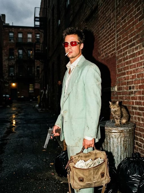A cinematic photo of Brad Pitt in a disheveled light green suit and red sunglasses, holding a pistol and a duffel bag full of cash, while a cat sits on a trash can nearby.