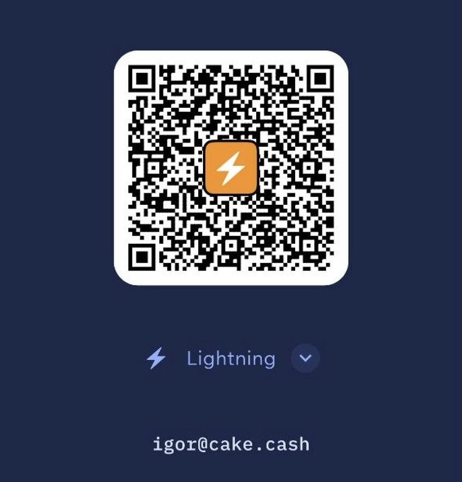 A QR code with a lightning bolt logo and the text "Lightning" and "igor@cake.cash" on a dark blue background.