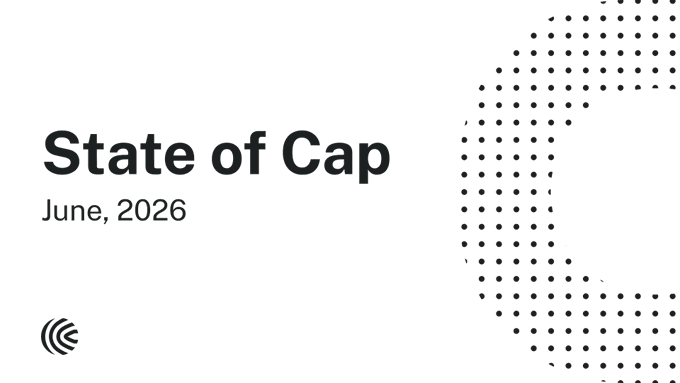 The image features a white background with black text and a circular design at the center. The text reads "State of Cap June, 2026" and "The State of Cap has never been stronger. When we launched our platform, our goal was to scale onchain credit capital markets". The circular design is composed of small dots arranged in a circle shape.