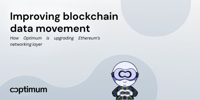 A presentation slide titled 'Improving blockchain data movement' with the subtitle 'How Optimum is upgrading Ethereum's networking layer,' featuring the Optimum logo and a cartoon mascot.
