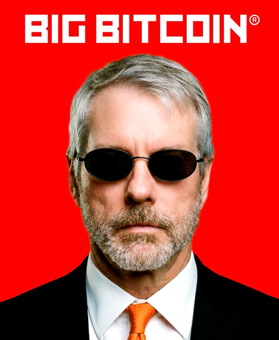 A stylized red poster with 'BIG BITCOIN' text featuring a stern-looking man with a beard wearing sunglasses, a black suit, and an orange tie.