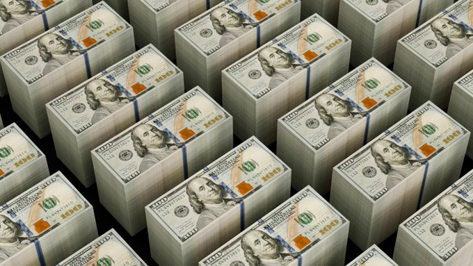 Stacks of bundled US $100 bills arranged in a repeating pattern against a black background.