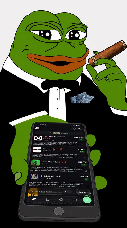 The image features a cartoon frog wearing a suit, holding a cell phone with an app displayed on its screen that says "elon coin bounty". The frog appears to be interested in the app or possibly trying to find out more about the bounty. The background of the image is black and white, which contrasts with the colorful illustration of the frog.