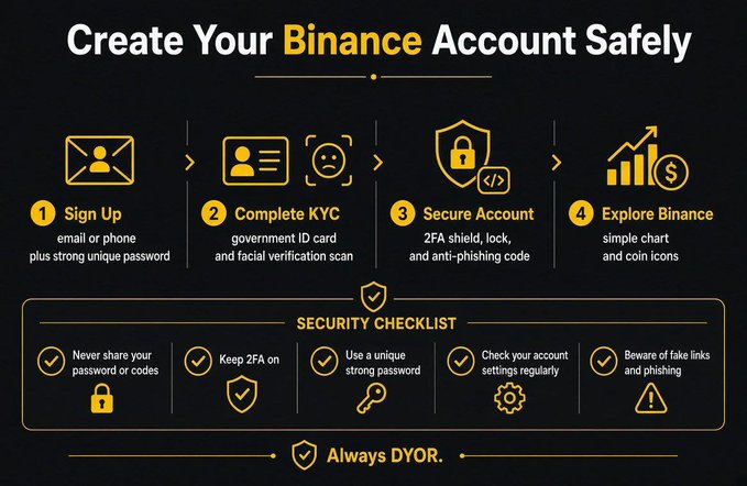 A graphic titled 'Create Your Binance Account Safely' outlining a four-step process (Sign Up, Complete KYC, Secure Account, Explore Binance) along with a security checklist.