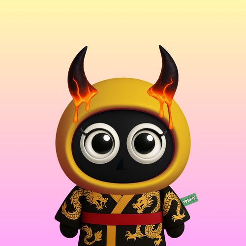 A cute 3D character wearing a yellow hooded robe with black flame horns and golden dragon embroidery, with "YOUKIE" displayed on its chest, fitting the "Happy Youkie Sunday" celebration theme.