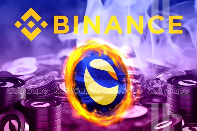 Dramatic image featuring the Binance logo above a fiery SXP (Swipe) token coin surrounded by flames and other crypto coins, watermarked with 'CoinGape.'