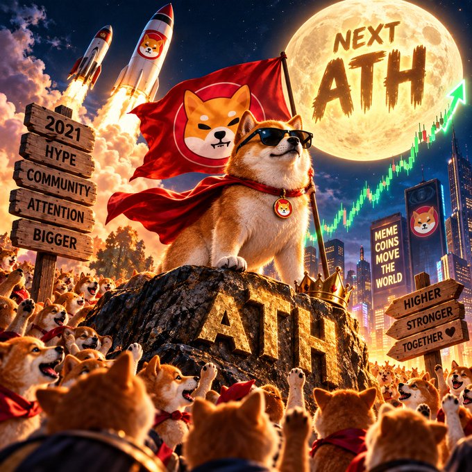 A meme coin promotional image featuring a Shiba Inu wearing sunglasses and a red cape, standing triumphantly on a rock labeled 'ATH' with a large moon displaying 'NEXT ATH', surrounded by a crowd of smaller Shibas and signs reading '2021 HYPE COMMUNITY ATTENTION BIGGER', 'MEME COINS MOVE THE WORLD', and 'HIGHER STRONGER TOGETHER'.