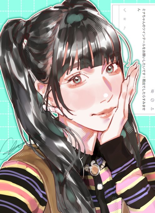 An anime-style illustration of a dark-haired girl with a pensive expression, resting her cheek on her hand, set against a mint-green background with Japanese text in the corner. The artwork fits the "#MINA" request tag, suggesting the piece was created as a fan-requested illustration by or featuring the artist MINA.
