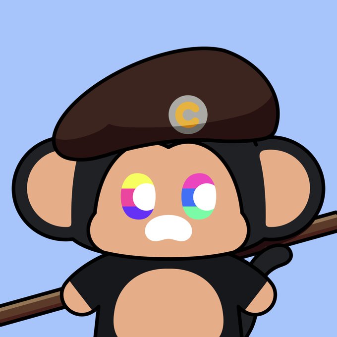 A cartoon illustration of a small black monkey character wearing a brown beret with a 'C' logo, featuring rainbow-colored circular eyes, against a light blue background.