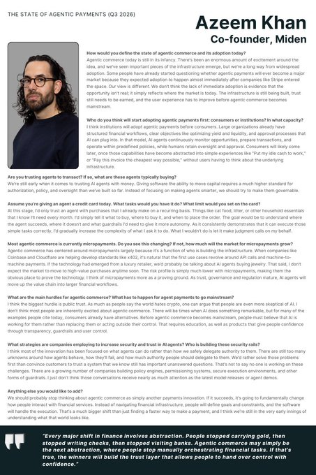 An article titled "THE STATE OF AGENTIC PAYMENTS (Q3 2026)" by Azeem Khan, co-founder of Miden, discussing agentic commerce, financial workflows, and AI payment systems.