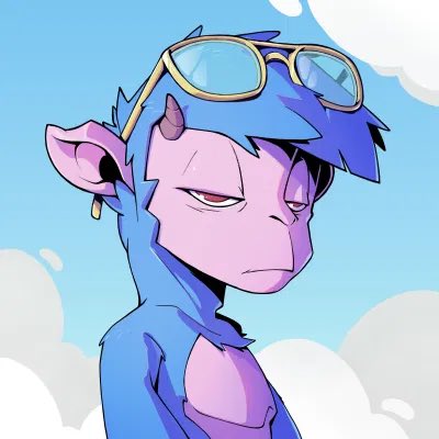 An anime-style digital illustration of a blue-furred character with pink skin, small horns, and sunglasses perched on their head, looking sideways against a blue sky with clouds.