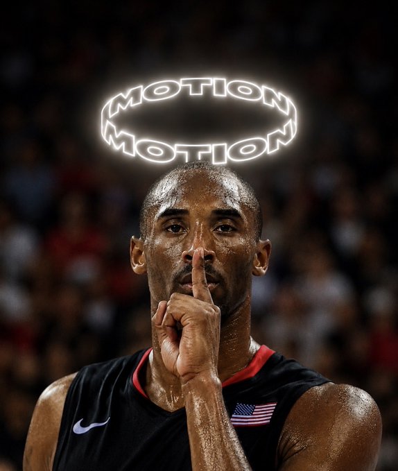 A graphic of basketball player Kobe Bryant with his finger over his lips in a 'shush' gesture, with a glowing 'MOTION MOTION' halo above his head.