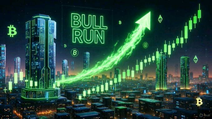 A futuristic neon cityscape glows green with "BULL RUN" signage, a Bitcoin rocket trajectory soaring upward, and green candlestick charts, symbolizing the crypto rally referenced in the post asking which #memecoin to HODL until the next bullrun.