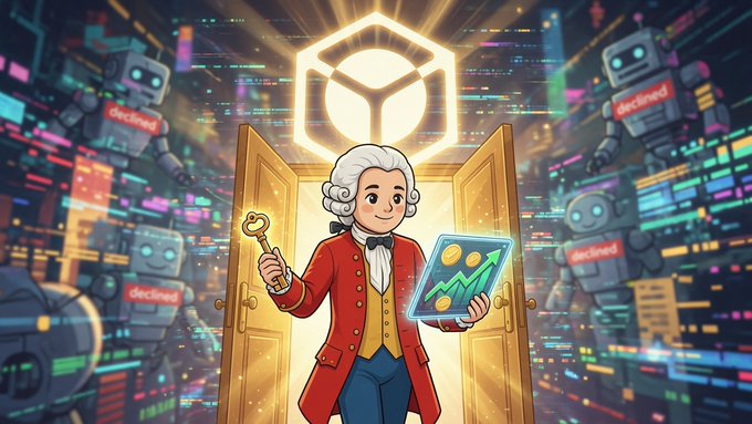 A cartoon figure dressed in 18th-century attire stands at a golden doorway beneath a glowing cube logo, holding a key and a tablet displaying an upward chart with green arrows. Flanked by robots marked "declined," the imagery illustrates the post's message that @NucleusCodes unlocks genuine onchain reputation—rewarding real activity over bot-driven noise.