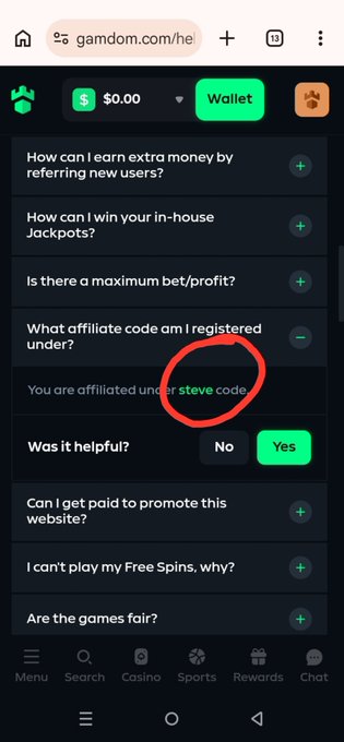 A mobile view of gamdom.com showing a FAQ section with the question 'What affiliate code am I registered under?' answered as 'steve code', highlighted by a red hand-drawn circle.
