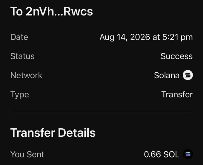 A Solana wallet transaction receipt confirming a successful transfer of 0.66 SOL to the address "2nVh...Rwcs" on August 14, 2026, serving as proof of the prize payment sent to the contest winner.