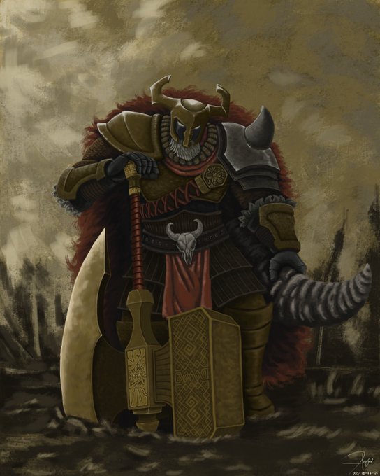 A digital artwork depicting a horned warrior in dark armor with a red cape, holding a large ornate sword and a horn/claw weapon, standing in a desolate landscape with cloudy skies.