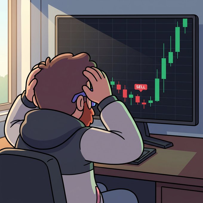 An illustration of a distressed person holding their head while looking at a monitor showing a candlestick chart with a 'SELL' label.