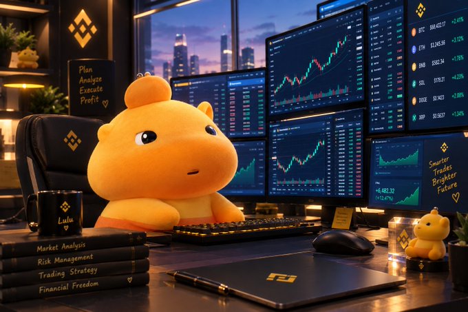 A cartoonish yellow hamster character sits at a trading desk with multiple monitors showing crypto price charts, alongside books labeled Market Analysis, Risk Management, Trading Strategy, and Financial Freedom, with Binance logos visible.