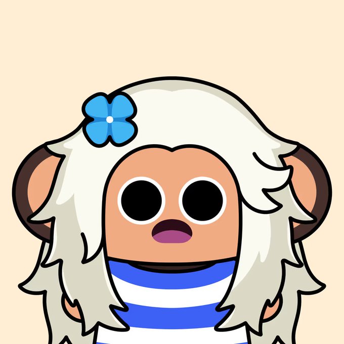 Cartoon character portrait featuring a tan face with large round black eyes and small open mouth, fluffy white hair adorned with a blue flower, dark horns, and a blue and white striped top against a peach background.