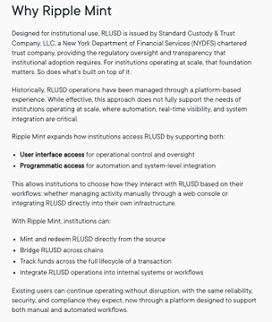 A text document titled 'Why Ripple Mint' explaining RLUSD is issued by Standard Custody & Trust Company, a New York DFS-chartered trust company, with bullets on user interface and programmatic access.