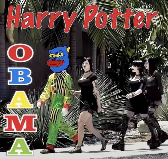 An "Obama Harry Potter OBAMA" meme featuring a figure with a blue cartoon face mask wearing a colorful striped suit, walking with women in black dresses.