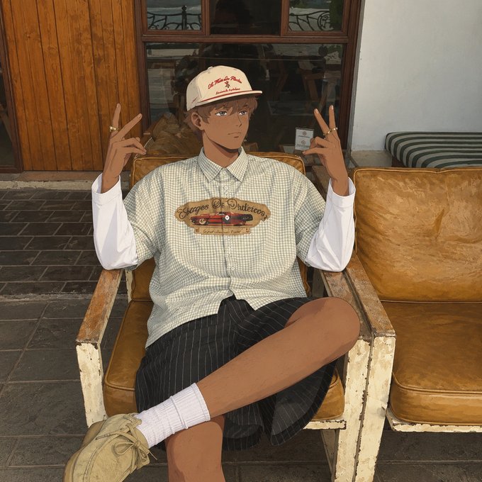 A person sitting on a vintage chair making peace signs with both hands, wearing a "El Monte Cali" cap, an "Images Of Dulcote" graphic button-up, and pinstripe shorts. The image ties into the caption about limited 4,001 seats being available for @themutualfun, with the subject literally "taking a seat" in anticipation of the event.