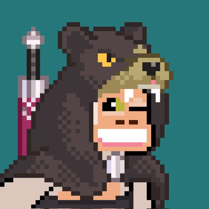 A pixel art image shows a character in a bear hood holding a syringe, grinning widely against a teal background, fitting the playful crypto/NFT vibe of the "Gm frens" morning greeting.