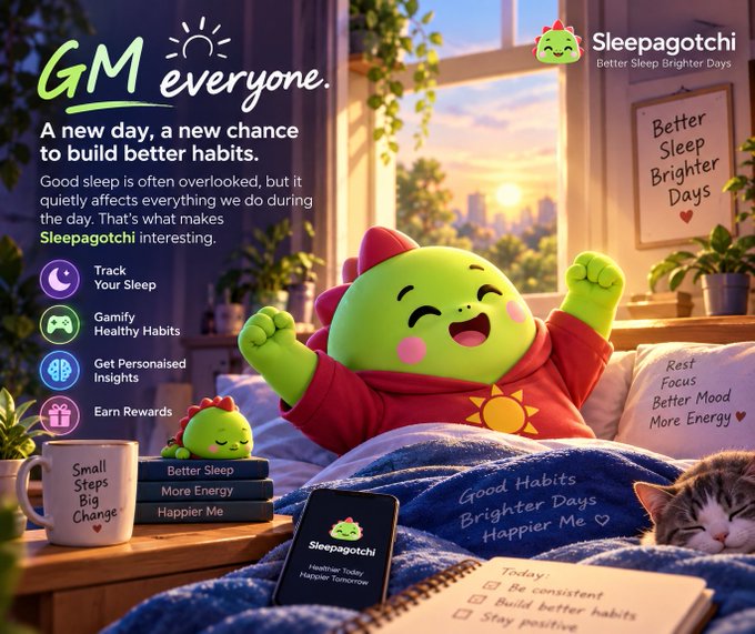 An illustrated advertisement for Sleepagotchi featuring a green dragon-like character in bed saying 'GM everyone' with text about tracking sleep, gamifying healthy habits, and earning rewards.