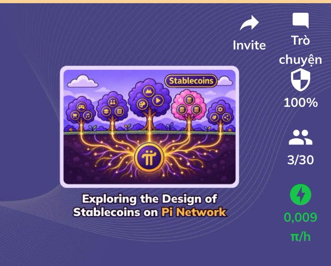 A screenshot from the Pi Network app features an illustration titled "Exploring the Design of Stablecoins on Pi Network," showing interconnected trees with a Pi symbol at their roots, alongside app metrics displaying a 100% security score, 3/30 members in a chat, and a mining rate of 0.009 π/h. The image visually represents the post's announcement about Pi Network's exploration into integrating stablecoins to enhance utilities within its ecosystem.
