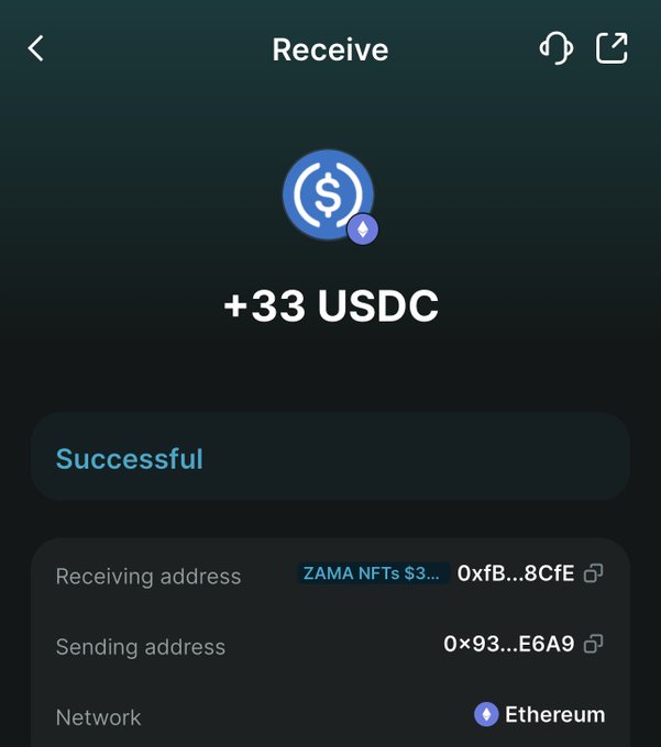 The image shows a successful crypto transaction receipt of "+33 USDC" received on the Ethereum network from a sending address (0x93...E6A9) to a receiving address (0xfB...8CfE) associated with "ZAMA NFTs," celebrating a Web3 gig payout in line with the post's gratitude for incoming earnings.