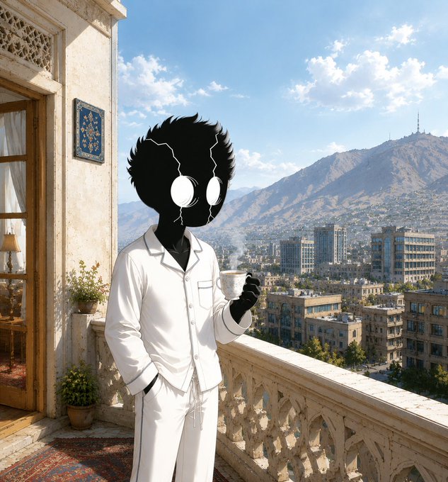 A silhouetted, cartoonish figure in white pajamas holds a cup of coffee while standing on a stone balcony overlooking a sprawling cityscape with mountains in the background. The image pairs with a "Good morning CT" post about new weekly opportunities, using the peaceful morning view and coffee to evoke a fresh start before discussing what to "mint" in the crypto/NFT community.