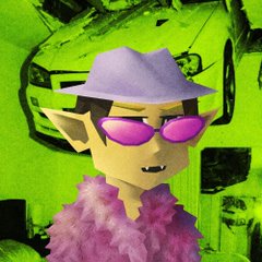 A neon green-tinted image features a stylized character wearing a purple hat, pink sunglasses, and a pink feather boa, with a white car faintly visible in the background. The vibrant, meme-like aesthetic matches the playful "Gm" crypto giveaway post promoting 10 GTD spots for the Hood Tardio NFT collection of 3333 elves on Robinhood.
