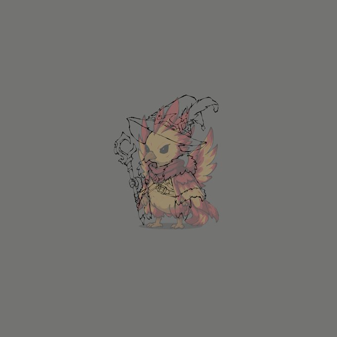 A small, stylized creature with flame-patterned plumage in shades of orange, pink, and yellow, holding a staff, is illustrated against a gray background.