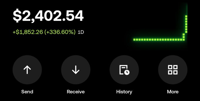 The image shows a cryptocurrency wallet dashboard displaying a balance of $2,402.54, up $1,852.26 (+336.60%) in 1 day, with a green dotted chart line in the upper right showing a sharp price spike. The dramatic 336% gain visualizes the poster's question "Will this be enough?"—likely wondering whether their sudden crypto profits will meet a financial goal.