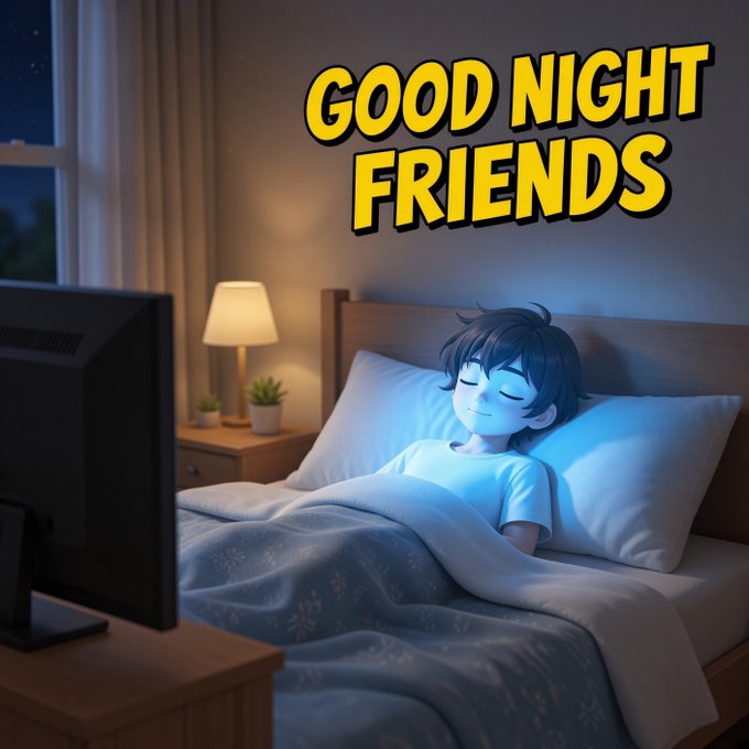 An animated scene shows a young boy sleeping peacefully in bed with a soft blue glow, while a TV sits on a nearby stand and the text 'GOOD NIGHT FRIENDS' appears above.