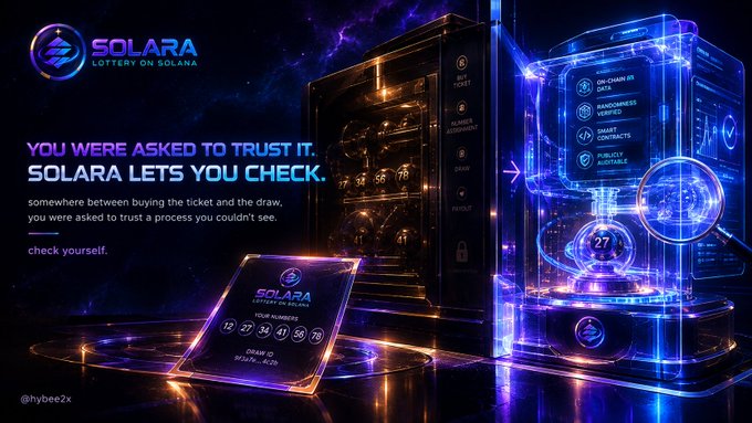 A sleek digital promo image for "SOLARA LOTTERY ON SOLANA" features a glowing blue holographic capsule and ticket against a cosmic purple background, displaying checkmark icons for "ON-CHAIN DATA," "RANDOMNESS VERIFIED," "SMART CONTRACTS," and "PUBLICLY AUDITABLE," alongside text reading "YOU WERE ASKED TO TRUST IT. SOLARA LETS YOU CHECK." and "somewhere between buying the ticket and the draw, you were asked to trust a process you couldn't see—check yourself," with "@hybee2x" credited below.