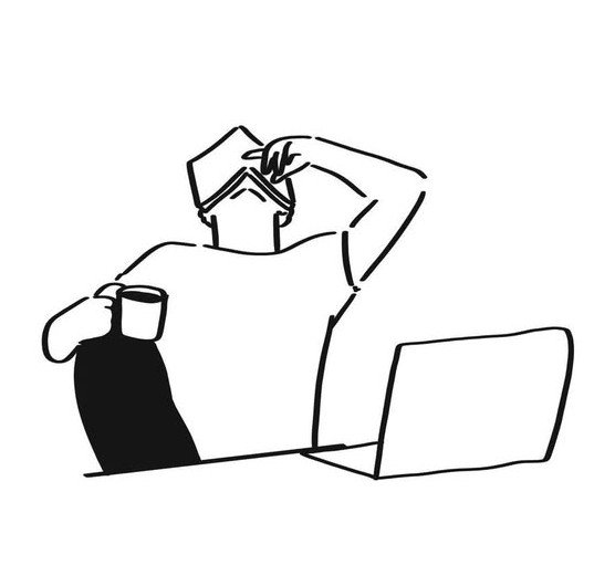 A minimalist line drawing of a tired person sitting at a laptop, resting their head on one hand while holding a coffee mug.