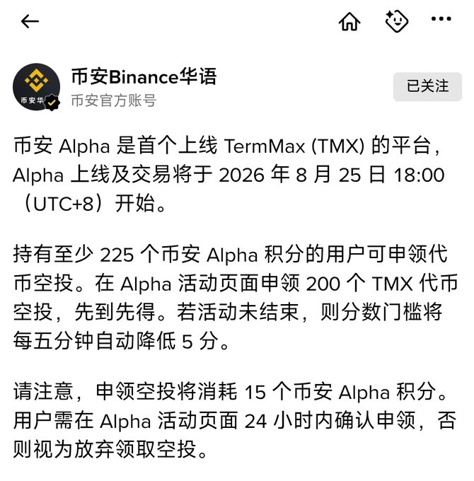 A screenshot of a Chinese social media post from 币安Binance华语 announcing the launch of TermMax (TMX) on the Binance Alpha platform on August 25, 2026, detailing airdrop eligibility requirements of 225 Alpha points.