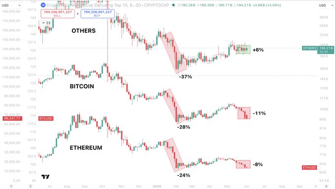 The image shows three lines on a chart representing Bitcoin, Ethereum, and other symbols. One line represents Bitcoin's value while another represents Ethereum's value over the past two weeks. The third line represents the other symbol, but its direction is not clear from the chart. The arrows indicate that these symbols are trading, with one symbol (ETHEREUM) being down by 8% and others (BITCOIN & OTHERS) up by 6%. This suggests a significant shift in market sentiment towards Bitcoin while the other symbols experienced fluctuations or remain relatively stable.
