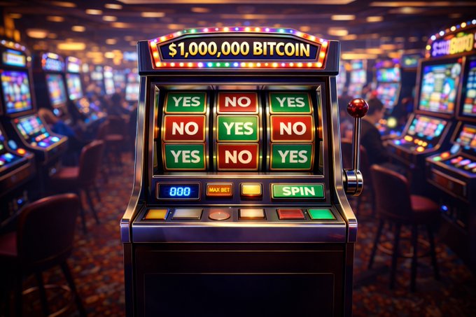 A brightly lit casino slot machine displays "$1,000,000 BITCOIN" above reels of "YES" and "NO" tiles, symbolizing the high-risk gamble of Bitcoin's price targets. The image reflects the post's claim that reaching $1 million per Bitcoin would require a massive $15 trillion in capital—a long shot akin to hitting the jackpot.