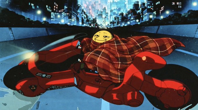 An anime-style illustration depicts a character in a red futuristic motorcycle suit and plaid coat racing through a neon-lit cityscape.