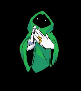 Pixel art illustration of a hooded figure in a green cloak with glowing white eyes, holding up a white-gloved hand adorned with a ring against a black background.