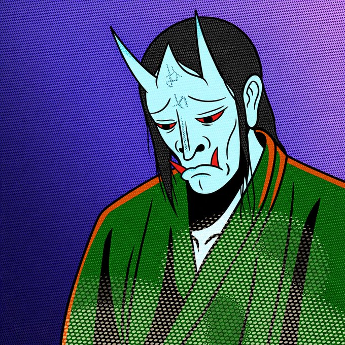 Pop art style illustration of a sad-looking figure with light blue skin, a single horn, red eyes, and a green jacket against a purple background.