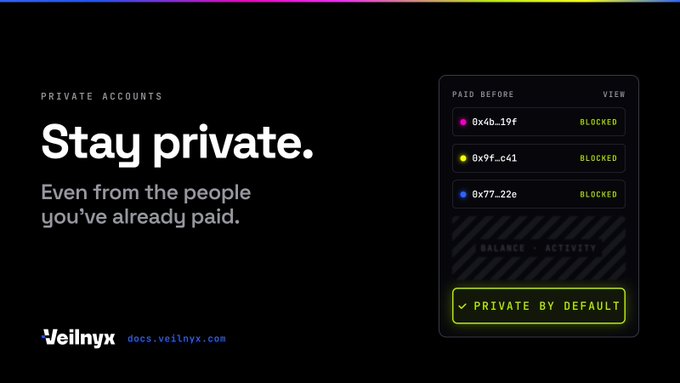 An advertisement for Veilnyx featuring the text 'Stay private. Even from the people you've already paid.' alongside a mock interface showing blocked accounts and a 'PRIVATE BY DEFAULT' toggle.