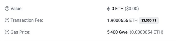 Ethereum transaction details showing a value of 0 ETH ($0.00), a transaction fee of 1.9000656 ETH ($3,550.71), and a gas price of 5,400 Gwei (0.0000054 ETH).